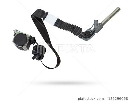 Spare part and interior element black seat belt from a car on a white isolated background. Auto service industry. Spare part and interior element black seat belt from a car on a white isolated background. Auto service industry. 123296068