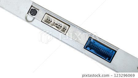 A control panel with old analog audio and video connectors. Red and white RCA audio connectors and S-Video connectors. Audio and video outputs. Auxiliary connectors. Obsolete technology 123296069