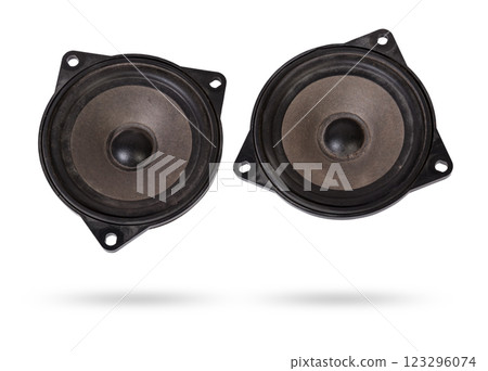 Two speakers of an acoustic system - an audio for playing music in a car interior on a white isolated background in a photo studio. Spare parts for auto repair in a workshop or for sale for tuning 123296074