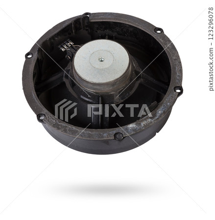 speaker of an acoustic system - an audio for playing music in a car interior on a white isolated background in a photo studio. Spare parts for auto repair in a workshop or for sale for tuning 123296078