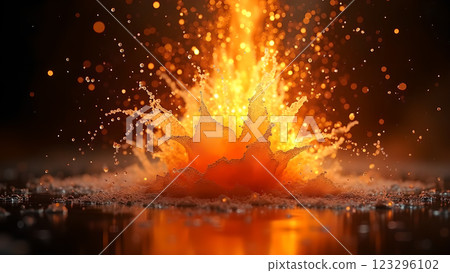 A golden liquid forms a crown-like splash, with light particles and bokeh creating a dynamic 123296102