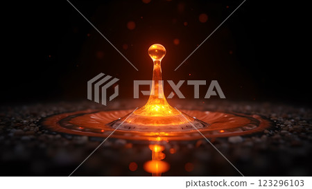 A golden liquid forms a crown-like splash, with light particles and bokeh creating a dynamic 123296103