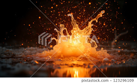 A golden liquid forms a crown-like splash, with light particles and bokeh creating a dynamic A golden liquid forms a crown-like splash, with light particles and bokeh creating a dynamic 123296109