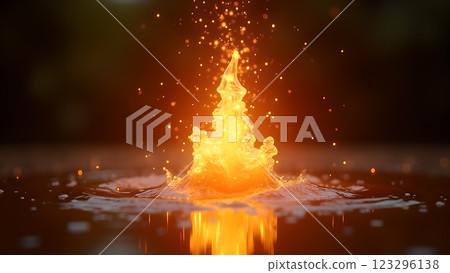 A golden liquid forms a crown-like splash, with light particles and bokeh creating a dynamic A golden liquid forms a crown-like splash, with light particles and bokeh creating a dynamic 123296138