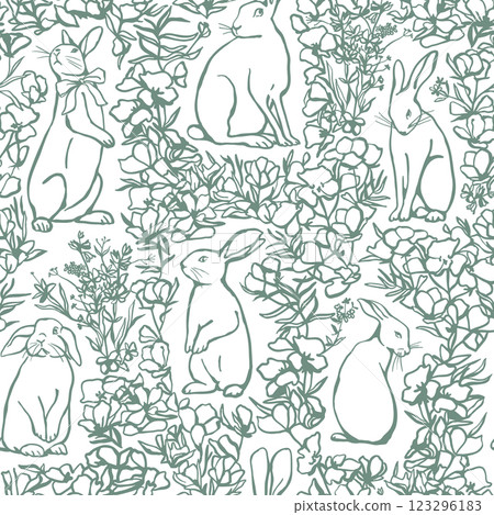 Hand drawn different rabbits and flowers seamless pattern 123296183