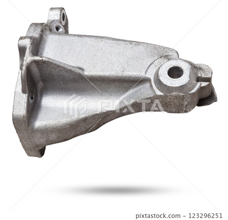 Metal bracket - a supporting part or structure used to mount car elements on a white isolated background in a photo studio. Spare parts for replacement or sale in a car service. 123296251