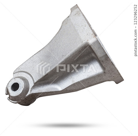 Metal bracket - a supporting part or structure used to mount car elements on a white isolated background in a photo studio. Spare parts for replacement or sale in a car service. 123296252