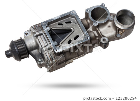 Turbo charger installed for power booster torque drive on white isolated background. Auto service industry for racing. Turbo charger installed for power booster torque drive on white isolated background. Auto service industry for racing. 123296254