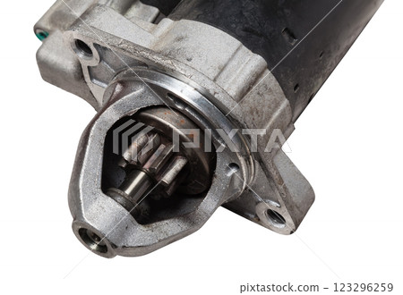 Starter of an internal combustion engine New Spare part for car on a white background. Spare parts catalog. 123296259
