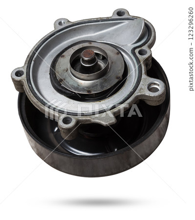 Metal automobile pump for cooling the engine of a water pump on a white background. The concept of used spare parts for the car engine from junkyard Metal automobile pump for cooling the engine of a water pump on a white background. The concept of used spare parts for the car engine from junkyard 123296260