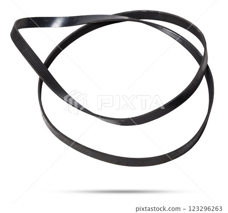 V-ribbed engine belt made of black rubber on a white isolated background in a photo studio of auto parts for replacement during repair or for a catalog of spare parts for sale on auto analysis. V-ribbed engine belt made of black rubber on a white isolated background in a photo studio of auto parts for replacement during repair or for a catalog of spare parts for sale on auto analysis. 123296263
