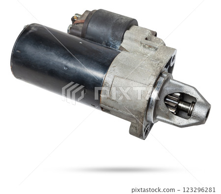 Starter of an internal combustion engine New Spare part for car on a white background. Spare parts catalog. Starter of an internal combustion engine New Spare part for car on a white background. Spare parts catalog. 123296281