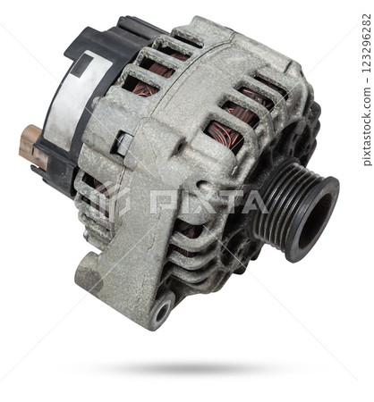 Car generator, car electrical network element on white background, generator details close-up. Spare auto parts for repair. 123296282