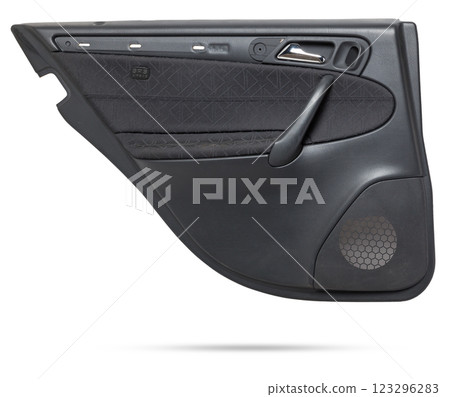 Car door trim with black leather upholstery on a white isolated background for repair and replacement in a car service. Spare parts catalog. 123296283