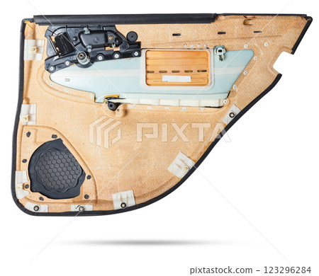 Car door trim with black leather upholstery on a white isolated background for repair and replacement in a car service. Spare parts catalog. 123296284