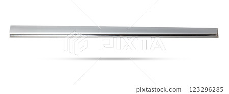 Silver plastic molding with chrome for car side fender - tuning element for sale in a car service on a white isolated background in a photo studio. 123296285