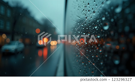 A rainy city street view through a wet window. The atmosphere is moody and cold. 123296327