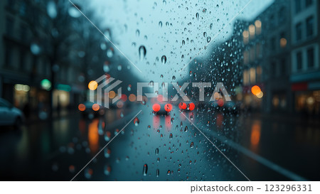 A rainy city street view through a wet window. The atmosphere is moody and cold. A rainy city street view through a wet window. The atmosphere is moody and cold. 123296331