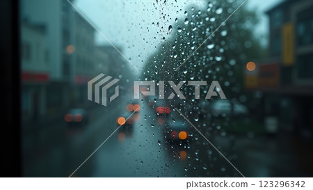 A rainy city street view through a wet window. The atmosphere is moody and cold. 123296342