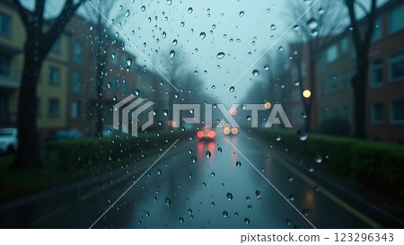 A rainy city street view through a wet window. The atmosphere is moody and cold. 123296343