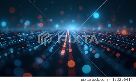 A futuristic cityscape featuring data streams flowing through the city at night, symbolizing technology and innovation. 123296414