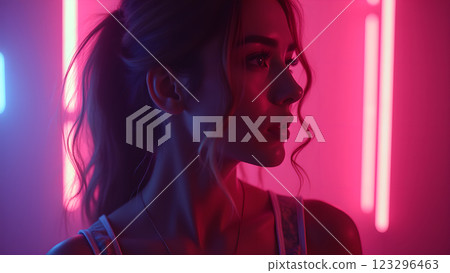 A woman with neon makeup stands in a night party atmosphere, illuminated by colorful lights and bokeh 123296463