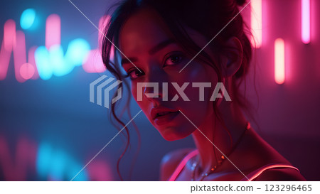 A woman with neon makeup stands in a night party atmosphere, illuminated by colorful lights and bokeh 123296465
