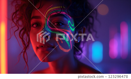 A woman with neon makeup stands in a night party atmosphere, illuminated by colorful lights and bokeh 123296478