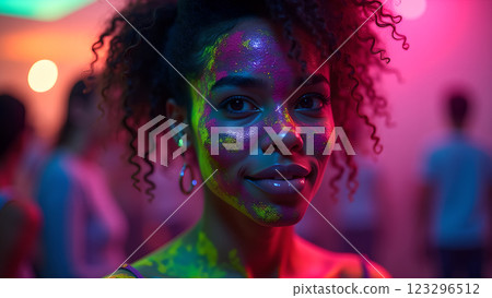 A woman with neon makeup stands in a night party atmosphere, illuminated by colorful lights and bokeh 123296512