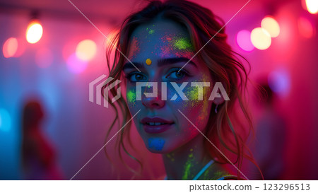 A woman with neon makeup stands in a night party atmosphere, illuminated by colorful lights and bokeh A woman with neon makeup stands in a night party atmosphere, illuminated by colorful lights and bokeh 123296513