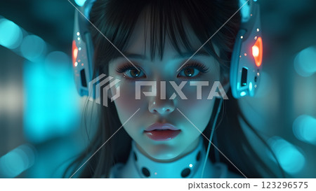 A woman with neon makeup stands in a night party atmosphere, illuminated by colorful lights and bokeh 123296575