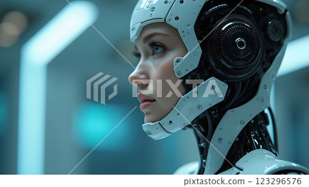 A woman with neon makeup stands in a night party atmosphere, illuminated by colorful lights and bokeh A woman with neon makeup stands in a night party atmosphere, illuminated by colorful lights and bokeh 123296576