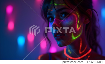 A woman with neon makeup stands in a night party atmosphere, illuminated by colorful lights and bokeh 123296609
