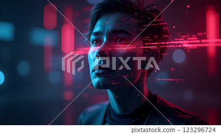 A close up of a person with a neon pink and blue light effect 123296724