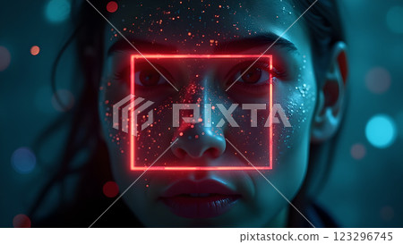 A close up of a person with a neon pink and blue light effect 123296745