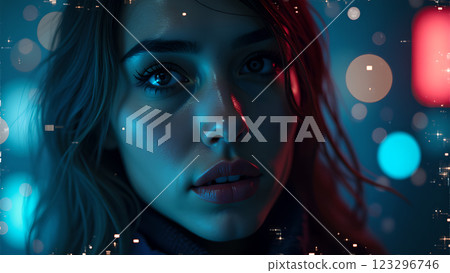 A close up of a person with a neon pink and blue light effect 123296746