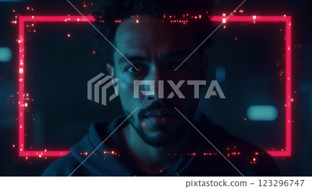 A close up of a person with a neon pink and blue light effect A close up of a person with a neon pink and blue light effect 123296747