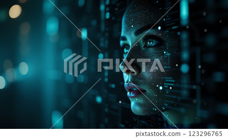 A close up of a person with a neon pink and blue light effect 123296765