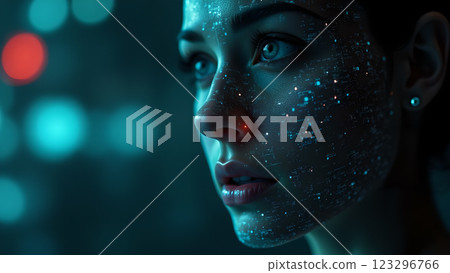 A close up of a person with a neon pink and blue light effect A close up of a person with a neon pink and blue light effect 123296766