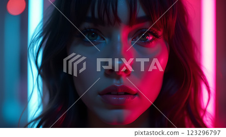 A close up of a person with a neon pink and blue light effect A close up of a person with a neon pink and blue light effect 123296797