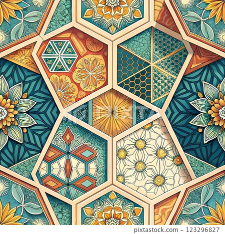 Floral seamless pattern with colorful vintage geometric mosaic design 123296827