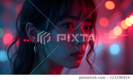A close up of a person with a neon pink and blue light effect 123296854