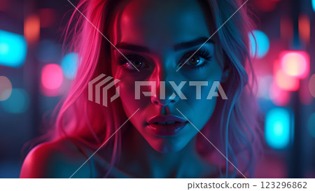 A close up of a person with a neon pink and blue light effect 123296862