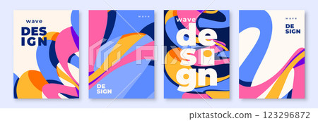 Wave shapes vector background set. Wavy pattern with liquid ribbons in simple retro modern style. Minimal graphic design with abstract curve flow in bright color for poster, banner, cover template 123296872