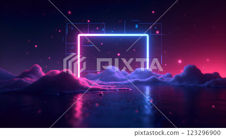 A digital stream of data with blue and pink light rays creates a futuristic and abstract background. 123296900