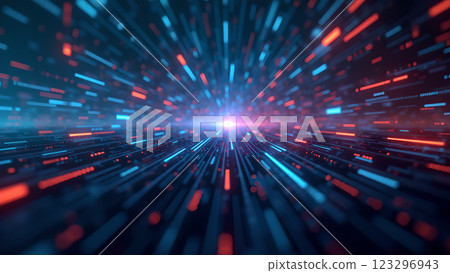 A digital stream of data with blue and pink light rays creates a futuristic and abstract background. 123296943