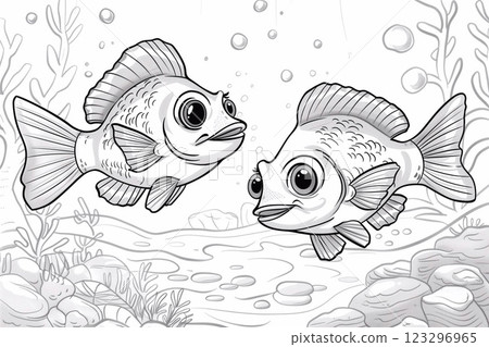 Two playful fish explore their colorful underwater home, filled with bubbles and plants Two playful fish explore their colorful underwater home, filled with bubbles and plants 123296965