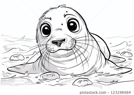 Color this adorable cartoon seal lounging on the beach surrounded by pebbles and sand 123296984