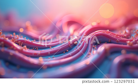 Abstract image featuring pastel pink and blue fluids blending smoothly. A dreamy and soft texture creating a gentle gradient with a bokeh effect. 123297031