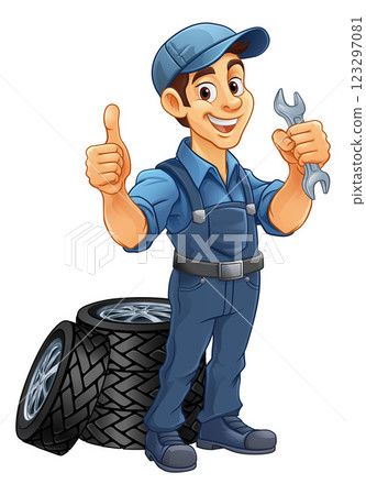 Tyre Tire Car Service Mechanic Mascot Cartoon Man Tyre Tire Car Service Mechanic Mascot Cartoon Man 123297081